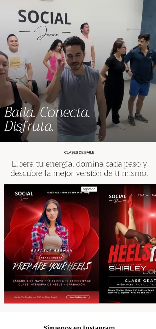 Social Dance Ecuador: página web desarrollada por Initec Studio (celular)